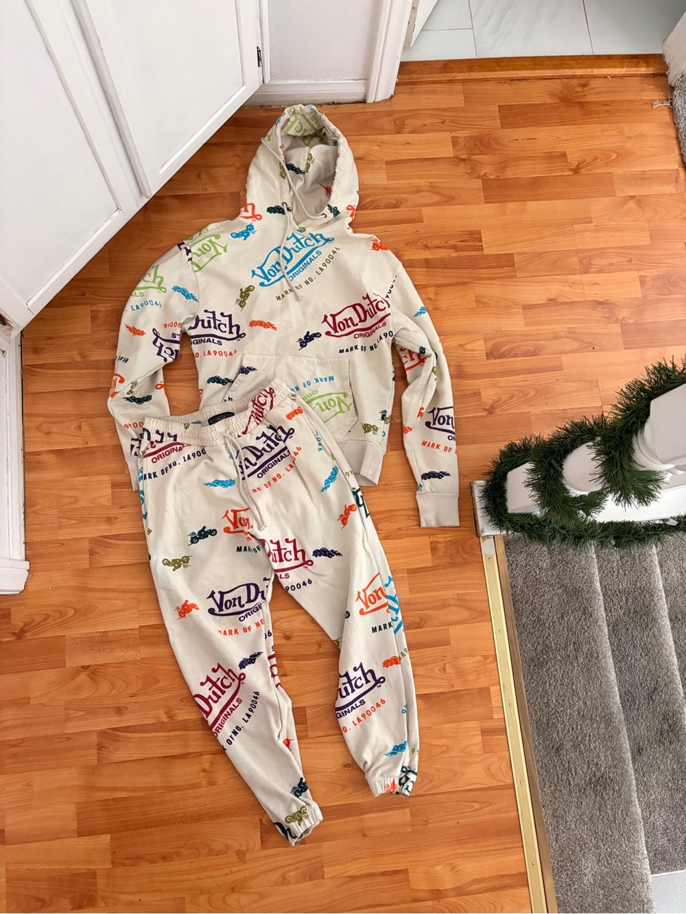 Von Dutch Multicolor Logo Hoodie & Jogger Set on Cream